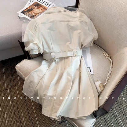 2023 summer new waist high-end heavy industry shirt Polo collar dress female niche high-end puff sleeve skirt