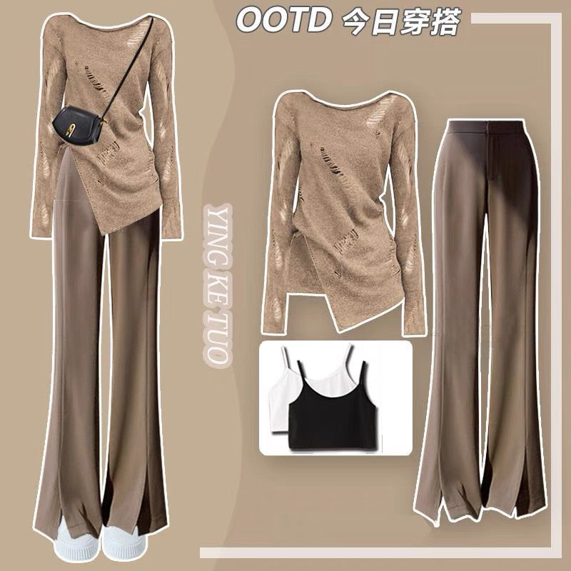 Autumn new style hot girl suit, light and mature style, sweet and spicy long-sleeved top, women's slim casual pants two-piece set, high-end