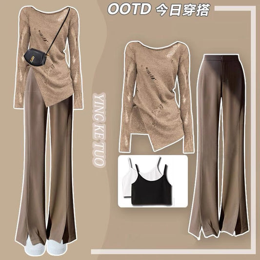 Autumn new style hot girl suit, light and mature style, sweet and spicy long-sleeved top, women's slim casual pants two-piece set, high-end
