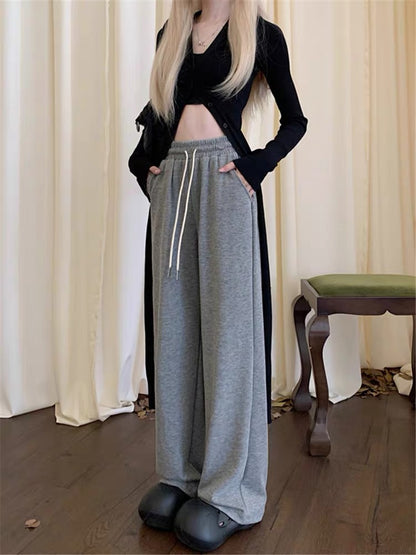kumikumi gray casual pants for women in autumn and winter plus velvet slimming wide-leg pants straight trousers drawstring pants glutinous rice pants (B2345)