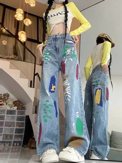 American retro ripped graffiti jeans for women, spring and autumn high-waisted trendy straight-leg versatile wide-leg drapey floor-length pants