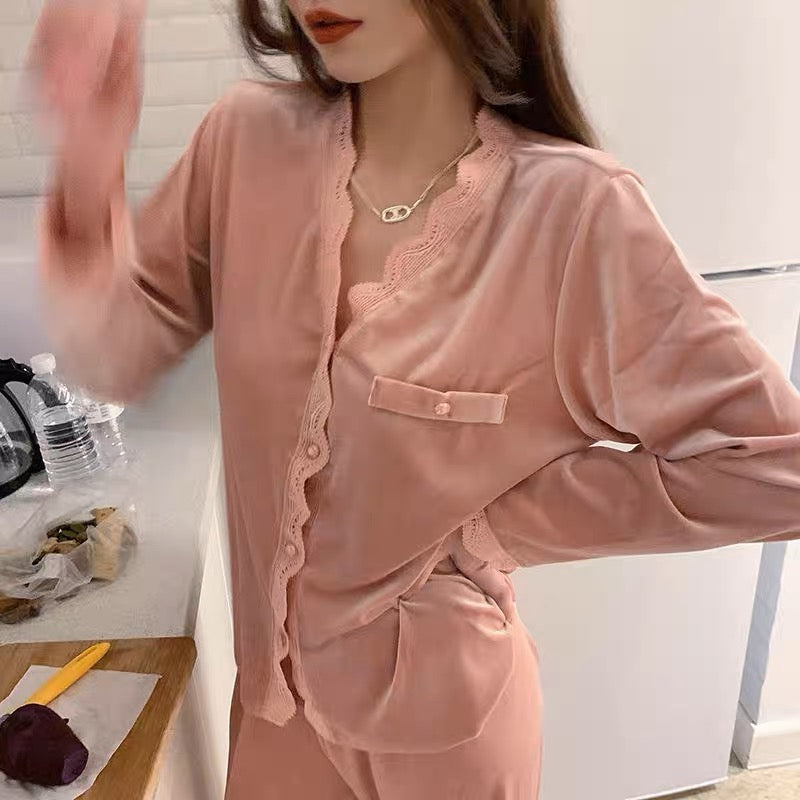Internet celebrity luxury sexy loose casual home wear gold velvet solid color suit women's autumn and winter velvet lace pajamas