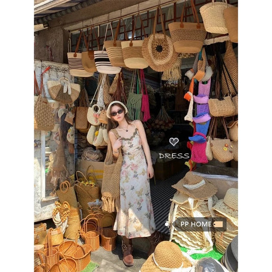 PPHOME is gentle and easy to match~Vacation style floral suspender dress for women, sweet V-neck printed waist A-line long skirt
