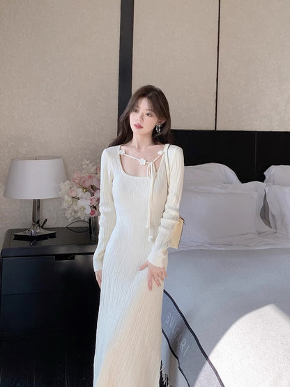 ByYou autumn and winter gentle style wool white square neck long-sleeved knitted dress mid-length slim sweater skirt