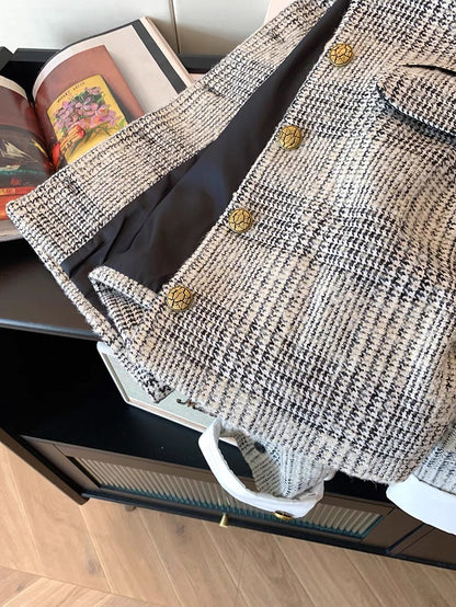 French contrasting color splicing tweed short coat for women autumn and winter 2023 new temperament socialite small fragrant style slimming top