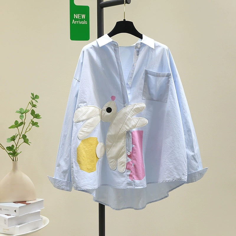 Artistic style small fresh blue shirt female 2024 spring new design sense loose casual shirt chic top