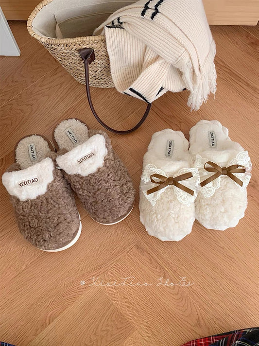 Thin Strips Couple Cotton Slippers Autumn and Winter Men and Women Fashion Home Warm Korean Style Bow-tie Furry Shoes ins