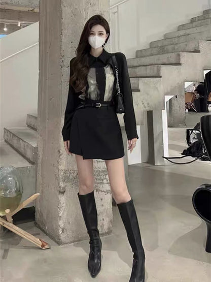 Royal sister style suit for women 2023 new autumn design tie-dye patchwork shirt + irregular skirt