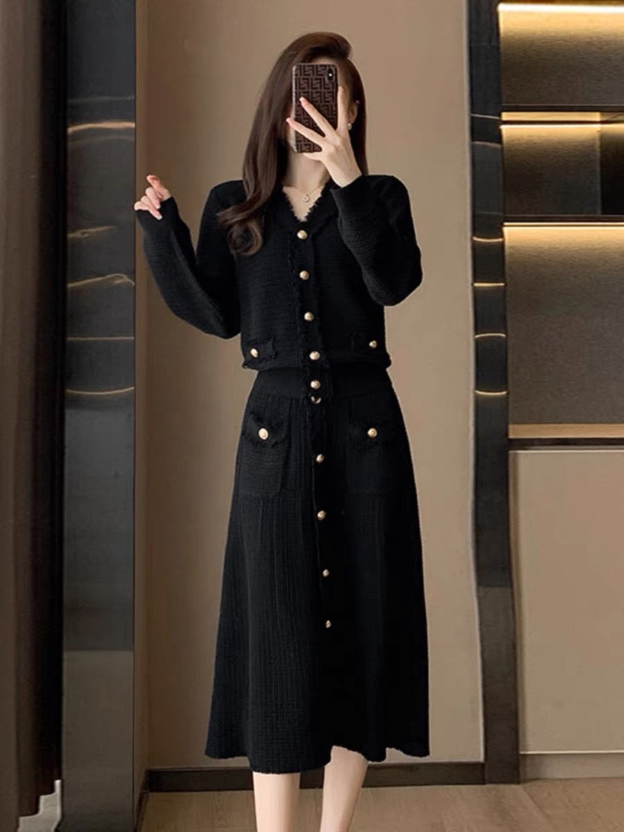 French style small fragrant knitted cardigan skirt suit for women 2023 autumn and winter new style mid-length dress two-piece set D5591