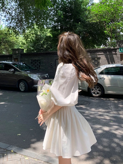 Tongse | Pure White Alice Elegant Retro French Dress Lace Puff Sleeve Princess Dress Summer