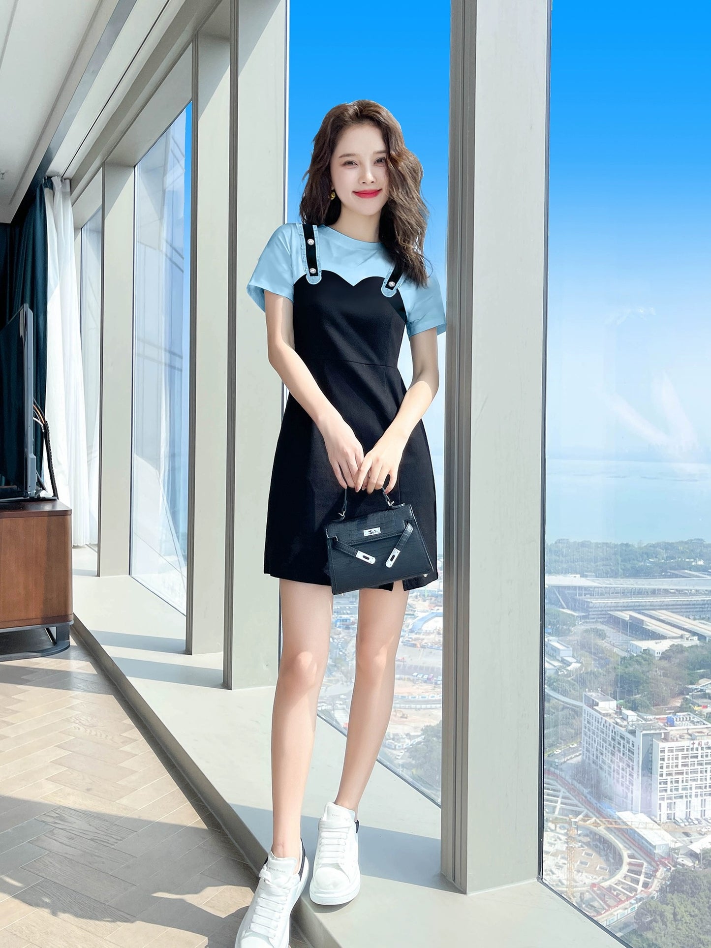 Blue casual petite dress summer women's clothing 2024 new fake two-piece temperament slim skirt female summer
