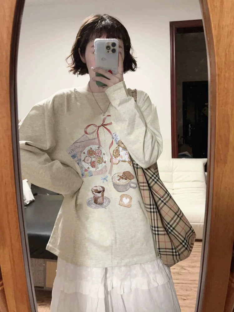 100% cotton American retro Hong Kong style chic straight shoulder long-sleeved T-shirt women's loose lazy niche design top