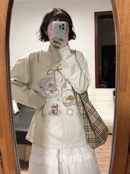 100% cotton American retro Hong Kong style chic straight shoulder long-sleeved T-shirt women's loose lazy niche design top
