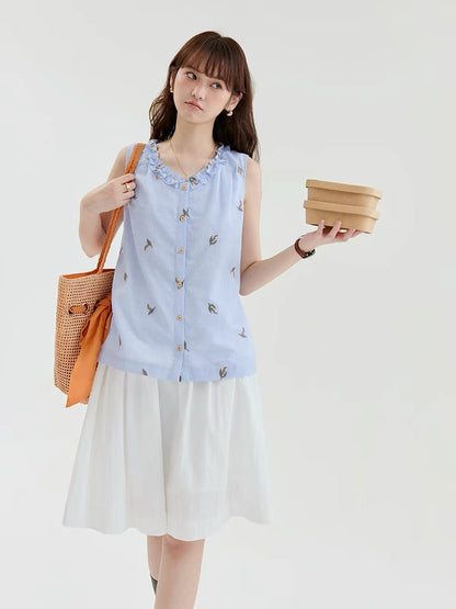 [Beidao AMUU Original] Women's Summer New Arrival: Blue Striped Pure Cotton Sleeveless Shirt with V-Neck and Lettuce-Edge Embroidery