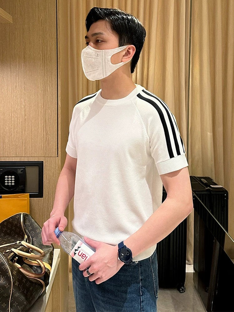 Summer new casual clothes men's knitted sweaters tops fashionable high-end contrast color striped slim fit T-shirt men's short sleeve