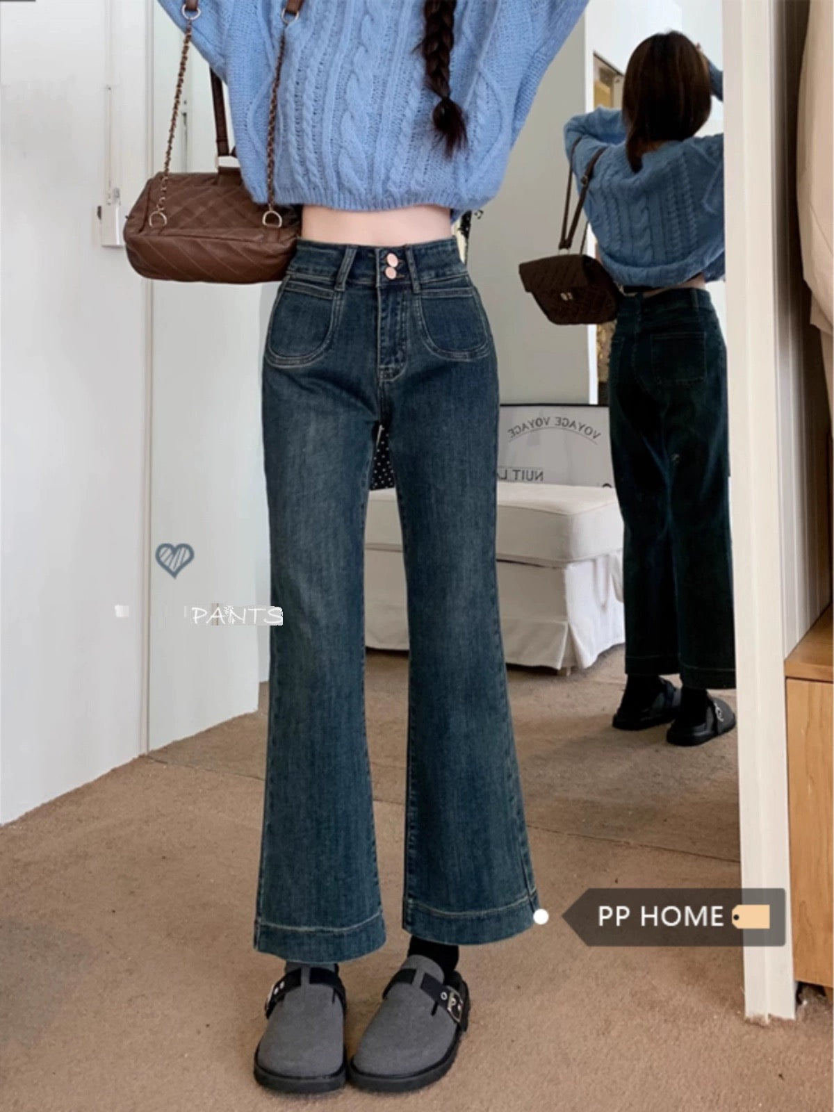 PPHOME Casual and Versatile~ Small straight-leg bootcut jeans for autumn and winter high-waisted cigarette pants and nine-minute long pants