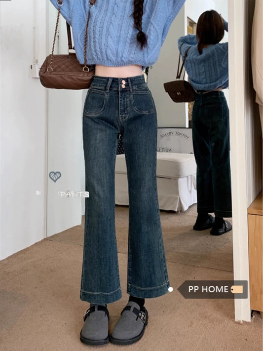 PPHOME Casual and Versatile~ Small straight-leg bootcut jeans for autumn and winter high-waisted cigarette pants and nine-minute long pants