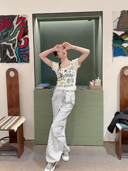 Thebestxue beige U-neck cartoon cat letter print T-shirt women's summer loose pullover short-sleeved top