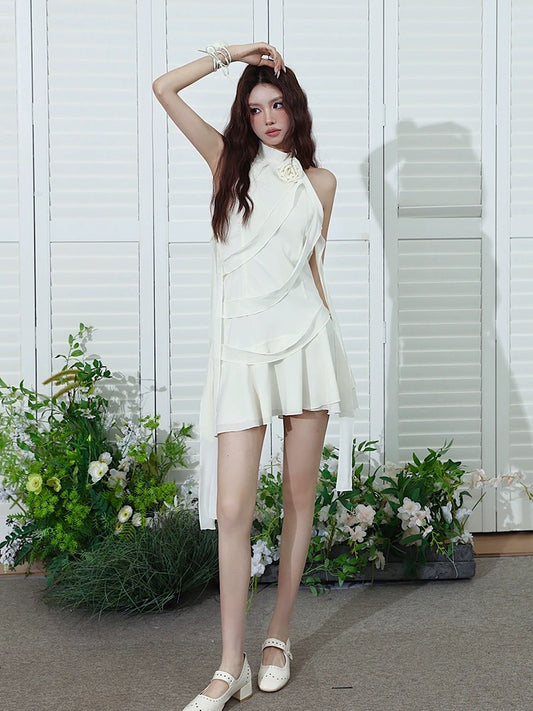 MOXI niche design advanced simple romantic rose beige ribbon summer halter neck pure desire streamer fairy dress