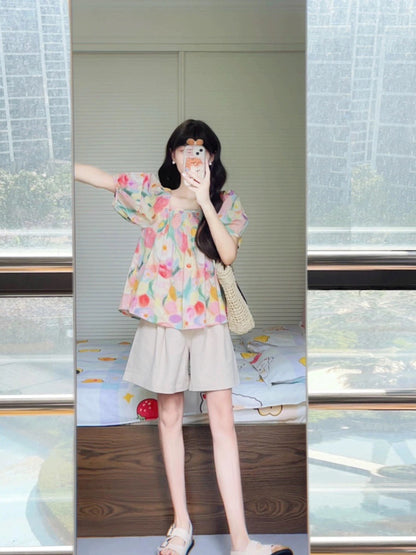 Korean style age-reducing full set of summer clothes dopamine color puff sleeve top casual shorts two-piece set small