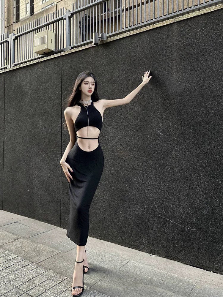 Pure desire hot girl hollow dress female 2023 spring and summer niche design sense waistless sexy sleeveless slit skirt tide