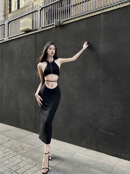Pure desire hot girl hollow dress female 2023 spring and summer niche design sense waistless sexy sleeveless slit skirt tide