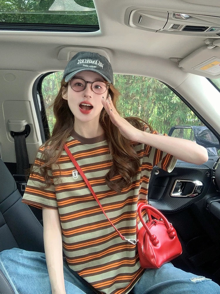 American retro striped short-sleeved T-shirt for women 2025 new summer letter embroidery design loose short-sleeved top