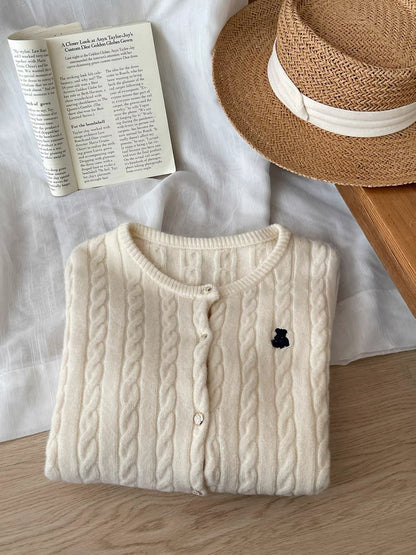 Women's Japanese/Korean-style retro cable-knit cardigan; soft, cozy, and versatile with a round neck and cute bear embroidery—perfect for autumn.