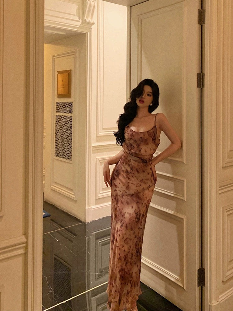 Ge Fuzhen Butterfly Print Suspender Dress Women 2024 Summer New Gentle Temperament Sleeveless Waist Long Dress