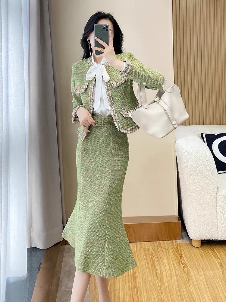 Xiaoxiang style powerful women's clothing suit celebrity temperament fashion high-end sense mid-length fishtail bag hip two-piece set