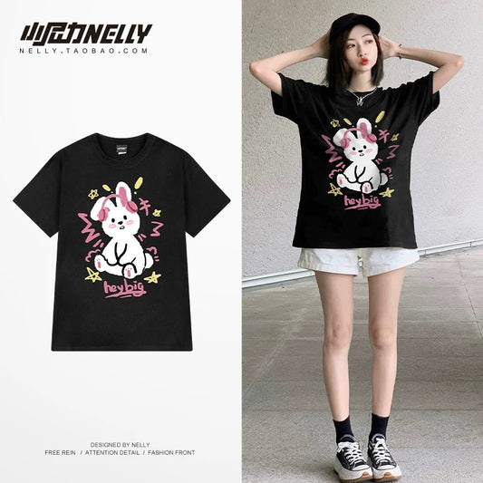 American cartoon cat print round neck short sleeve men and women summer 2025 couple pure cotton t-shirt half sleeve bottoming shirt trend