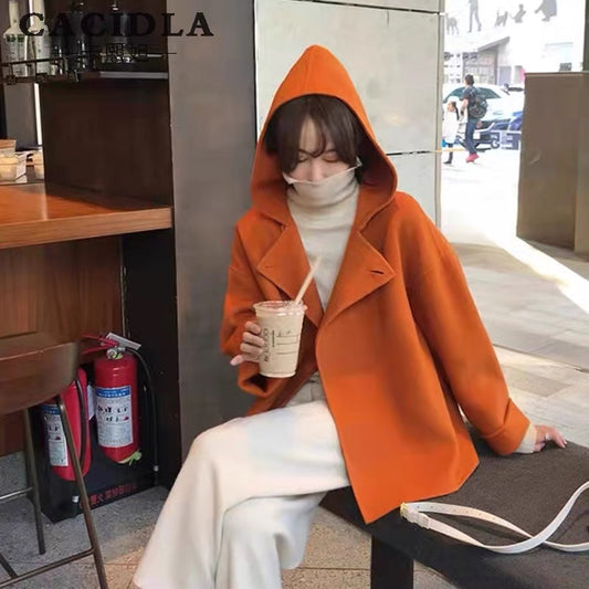 Double-sided cashmere coat women's short woolen coat for small people 2023 spring, autumn and winter Korean style loose orange top