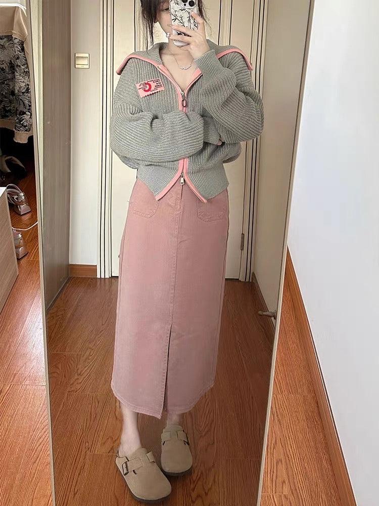 Milk fufu sweet wear a whole set of sweater coat large lapel cardigan skirt slimming two-piece suit autumn and winter