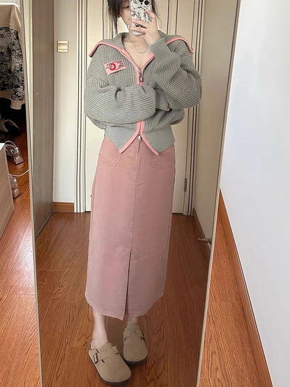 Milk fufu sweet wear a whole set of sweater coat large lapel cardigan skirt slimming two-piece suit autumn and winter