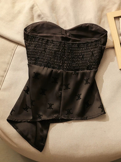 Xiaoxiangfeng printed camisole with breast pads for women's summer outer wear, one-shoulder, beautiful back, satin irregular tube top