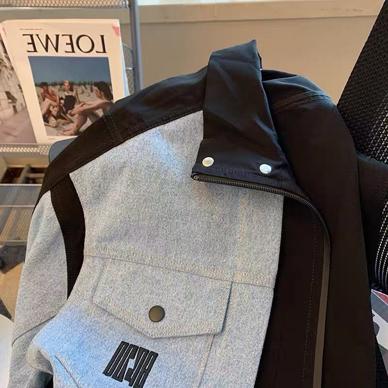 American trend color contrast denim stitching jacket coat men and women autumn fashion loose casual couple cardigan top