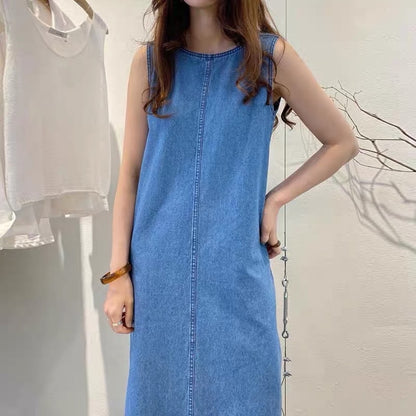 Korean chic summer niche retro round neck open line open back design loose long vest denim dress female