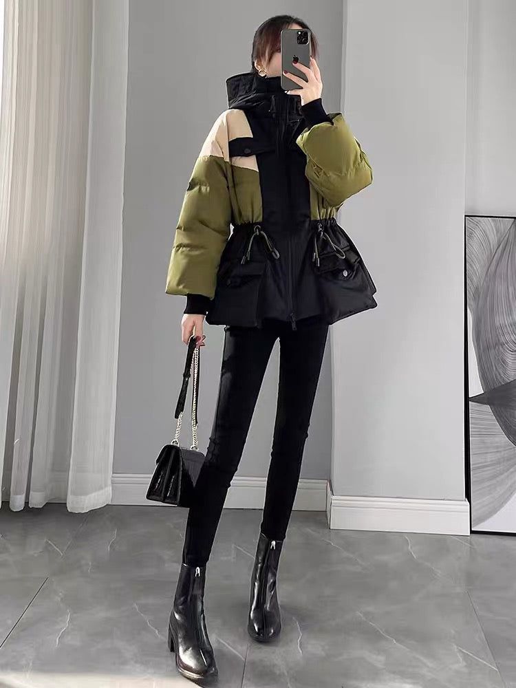 Contrast color down jacket 2023 new women's winter waist slimming mid-length white duck down thickened short jacket