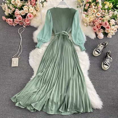 Light and familiar style high waist round neck dress spring and autumn new temperament pure color waist waist slimming big swing pleated long skirt