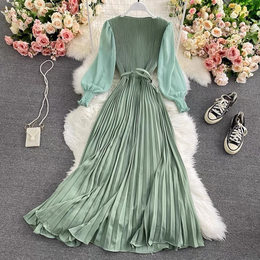 Light and familiar style high waist round neck dress spring and autumn new temperament pure color waist waist slimming big swing pleated long skirt