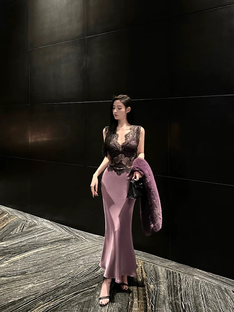 For Fay Goddess of Beauty is Coming Purple/Super Heavy Duty Satin Splicing Lace V-neck Sexy Hip-pack Dress