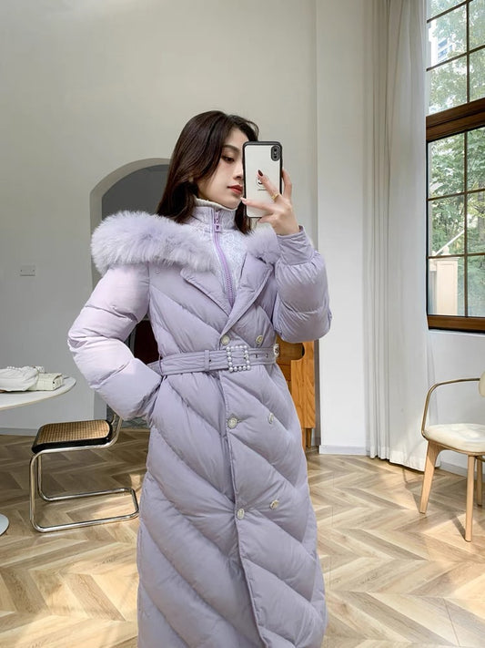 Nori Gentle Wind Waist Down Down Coat Women's Mid-Length French Retro Real Fox Fur Collar Small Fragrant Style Down Coat