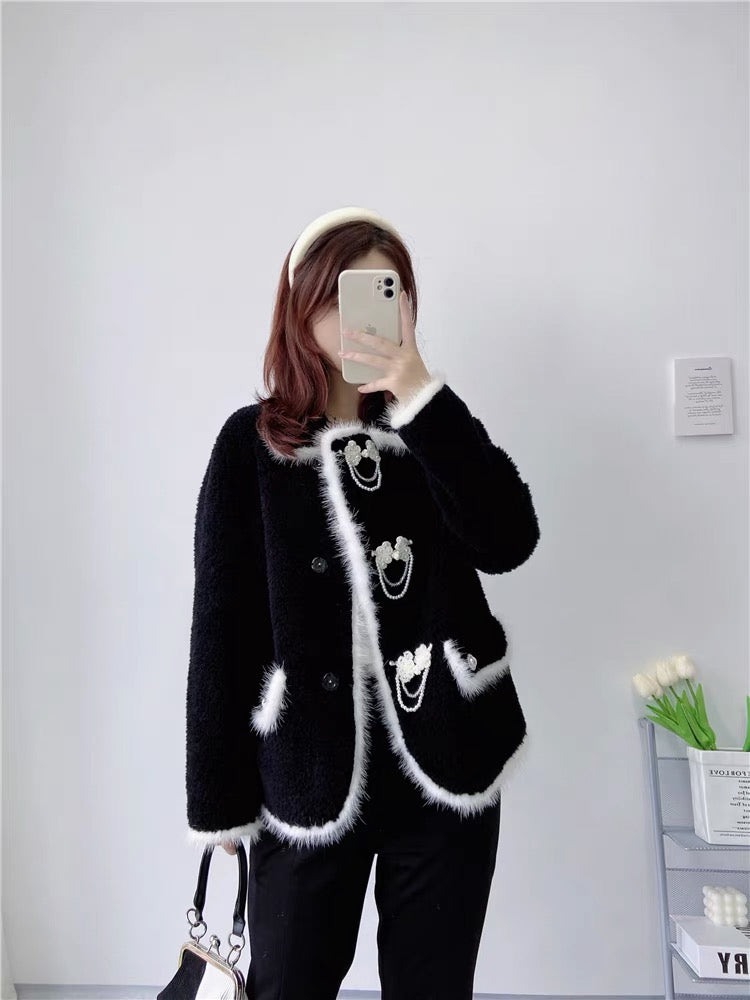 Haining's new imported mink spliced lamb hair short coat young fur winter fur all-in-one coat T3496