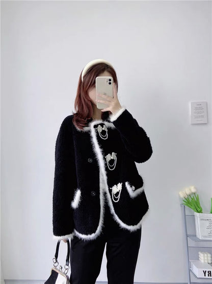 Haining's new imported mink spliced lamb hair short coat young fur winter fur all-in-one coat T3496