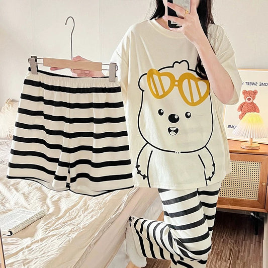 Pajamas women's short-sleeved trousers summer cotton thin junior high school students 13 girls big children cartoon cute three-piece set