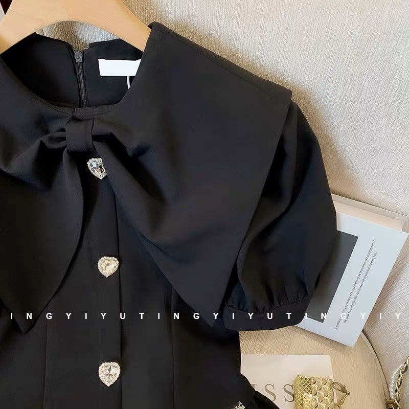 Chic and beautiful basic dress female waist high-end sense niche bow navy style tutu skirt summer