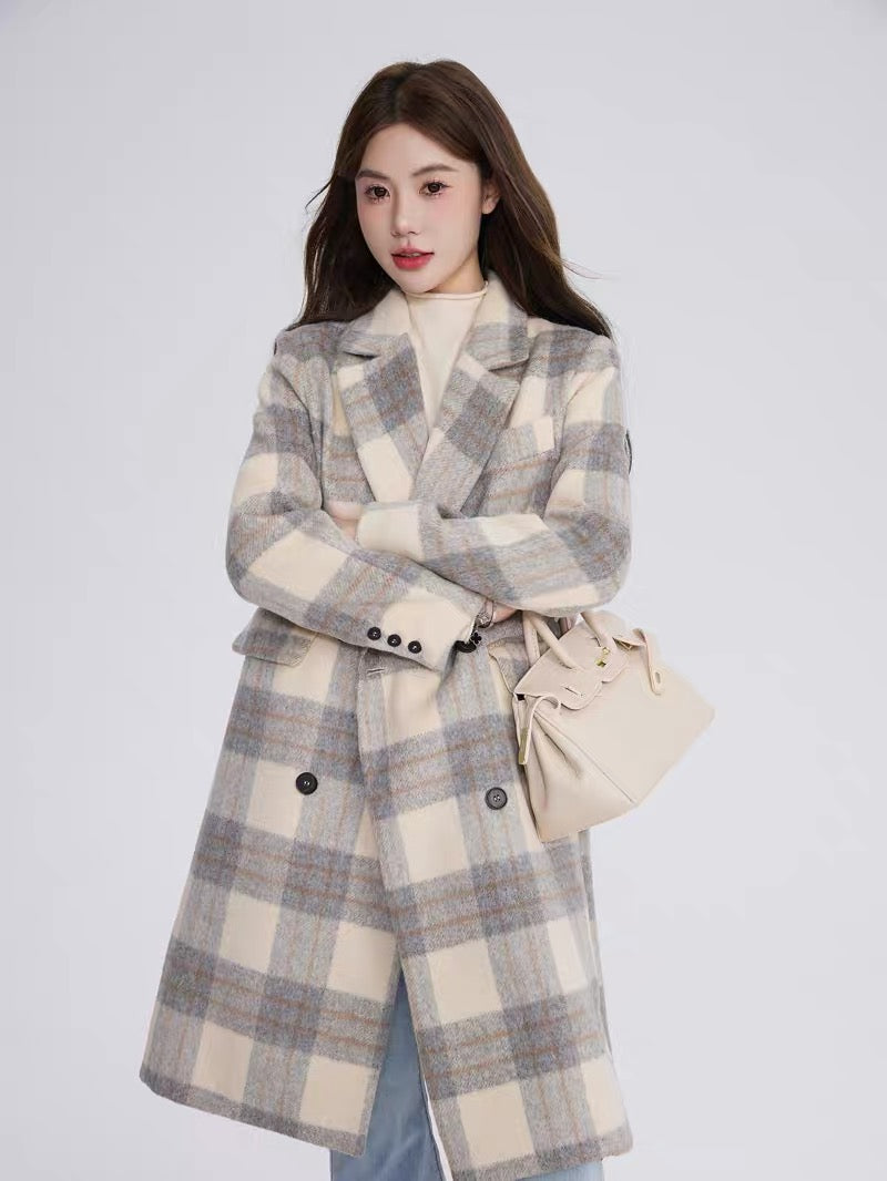 Volstagg plaid woolen coat for women autumn and winter Korean casual high-end temperament mid-length woolen coat
