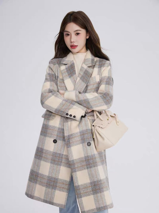 Volstagg plaid woolen coat for women autumn and winter Korean casual high-end temperament mid-length woolen coat