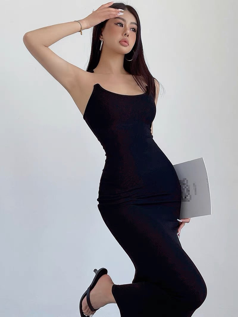 liviahome European and American invisible fishing line suspender dress for women summer i hot girl tight sexy hip-covering long skirt (D214)