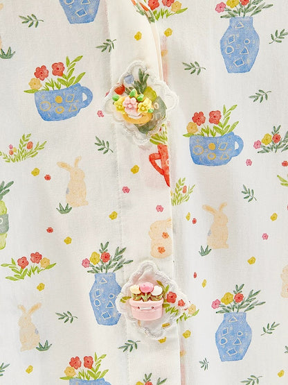 Cartoon vase print tops 2024 summer new short-sleeved ladies cardigan shirt doll collar age-reducing shirt